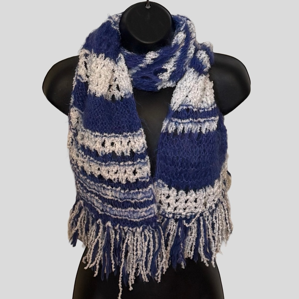 New Blue and White Hand Knitted Scarf